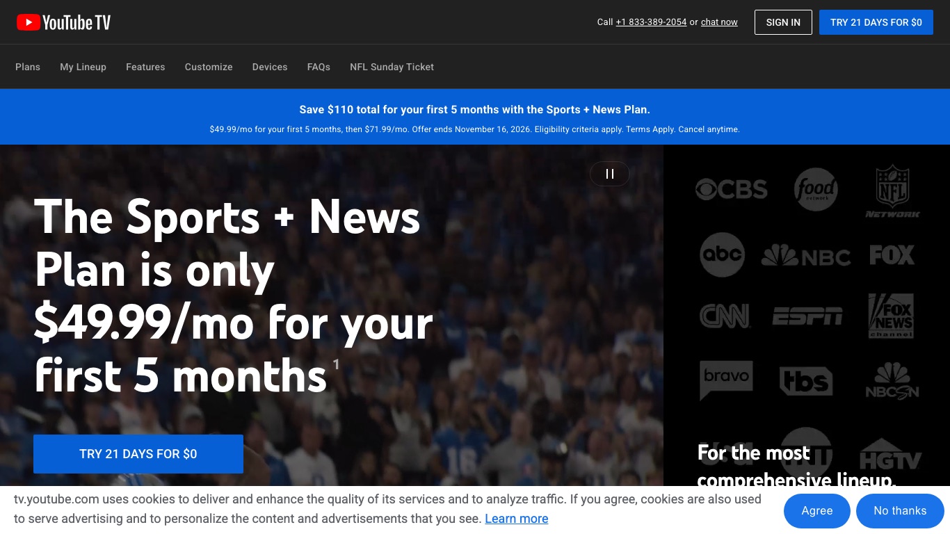 YouTube TVの公式サイト。Sports + Newsプランは初回5か月49.99ドル/月、その後71.99ドル/月と表示されている